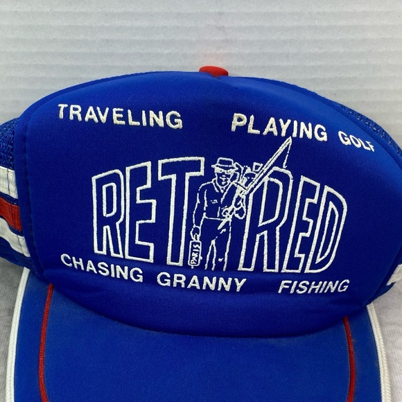 Vintage Three Stripe Retired Trucker Hat Adult Blue Retro 80s Fishing Golf Mesh - Picture 2 of 11